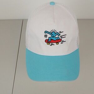 Keith Haring Skateboarder‎ Graphic Trucker Hat White Aqua Mesh Snapback
